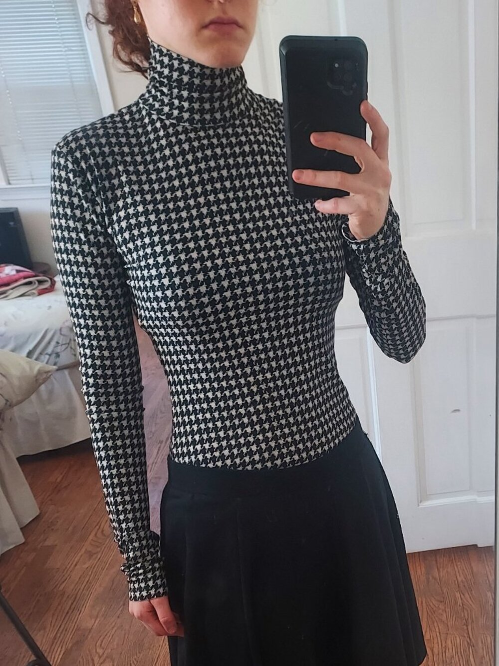 Norma Kamali  Slim Fit Black White Houndstooth Turtleneck Shirt